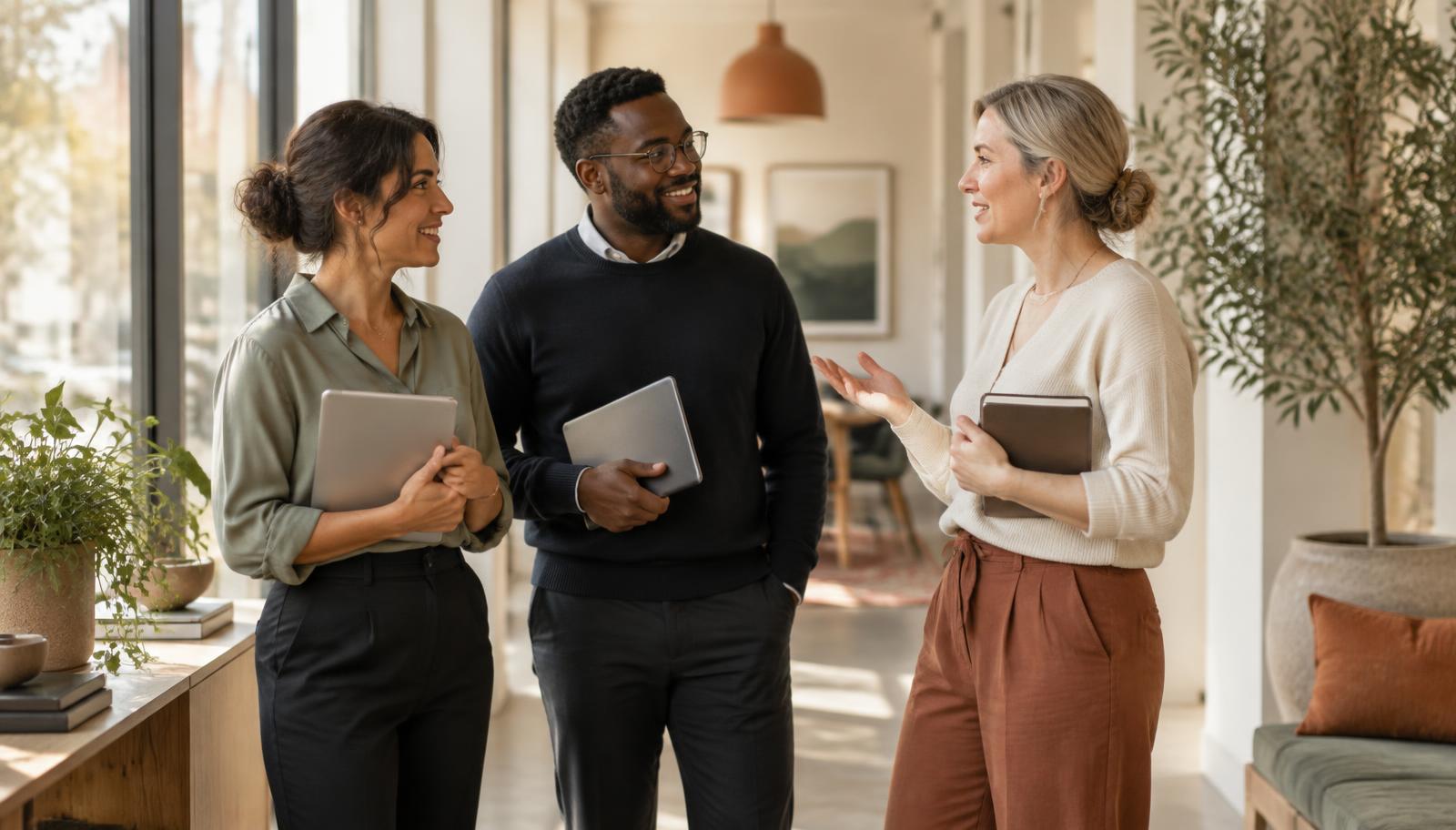A small group of specialist professionals talking together in a bright, modern space