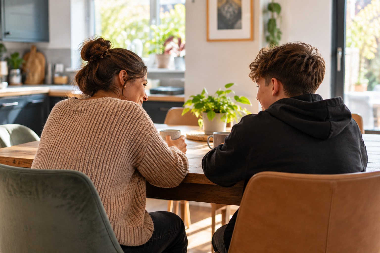 An adult and a young person sitting opposite each other at a kitchen table with mugs, in warm conversation