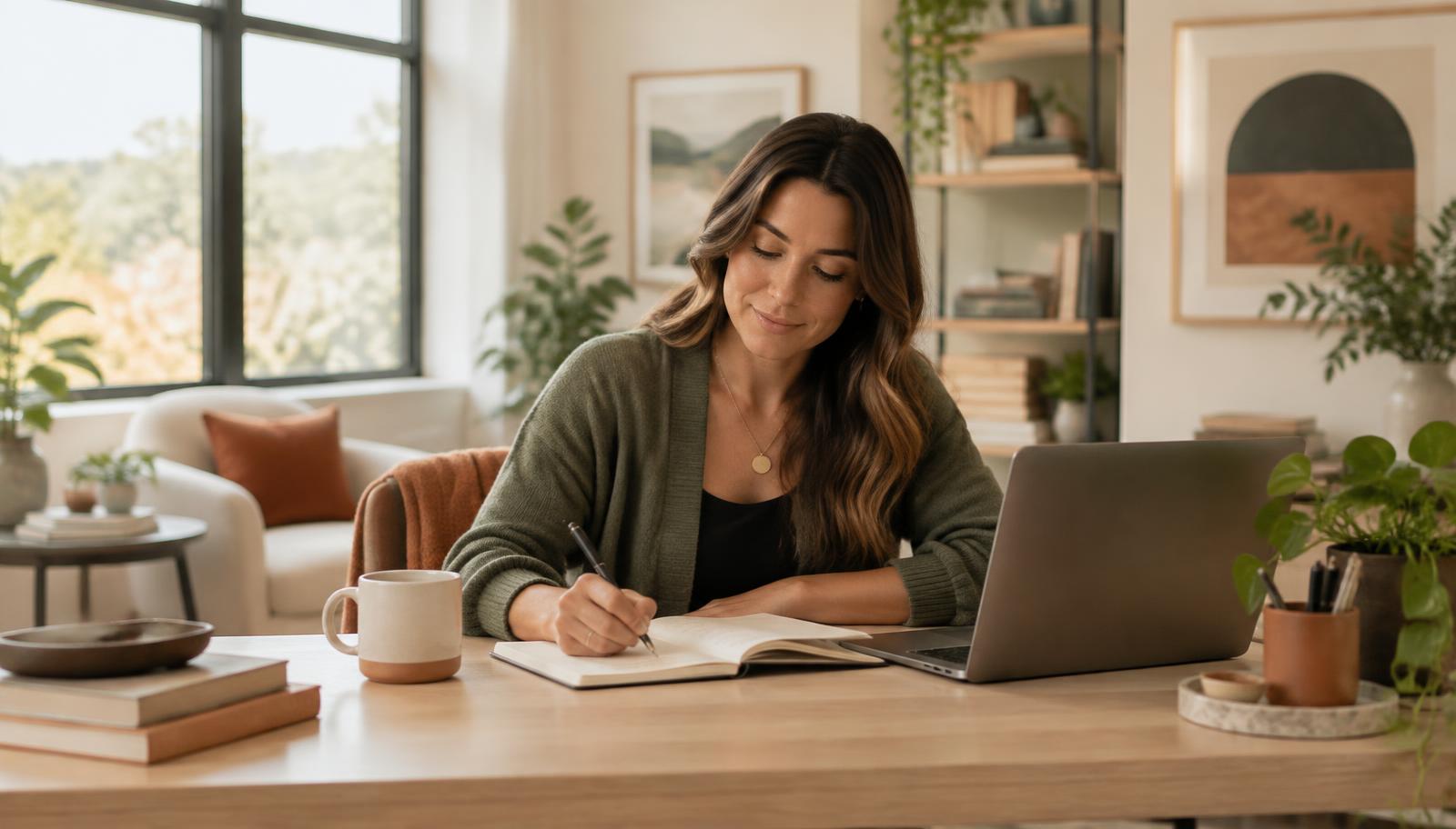 A professional working thoughtfully at a light wooden desk in a bright, calm office