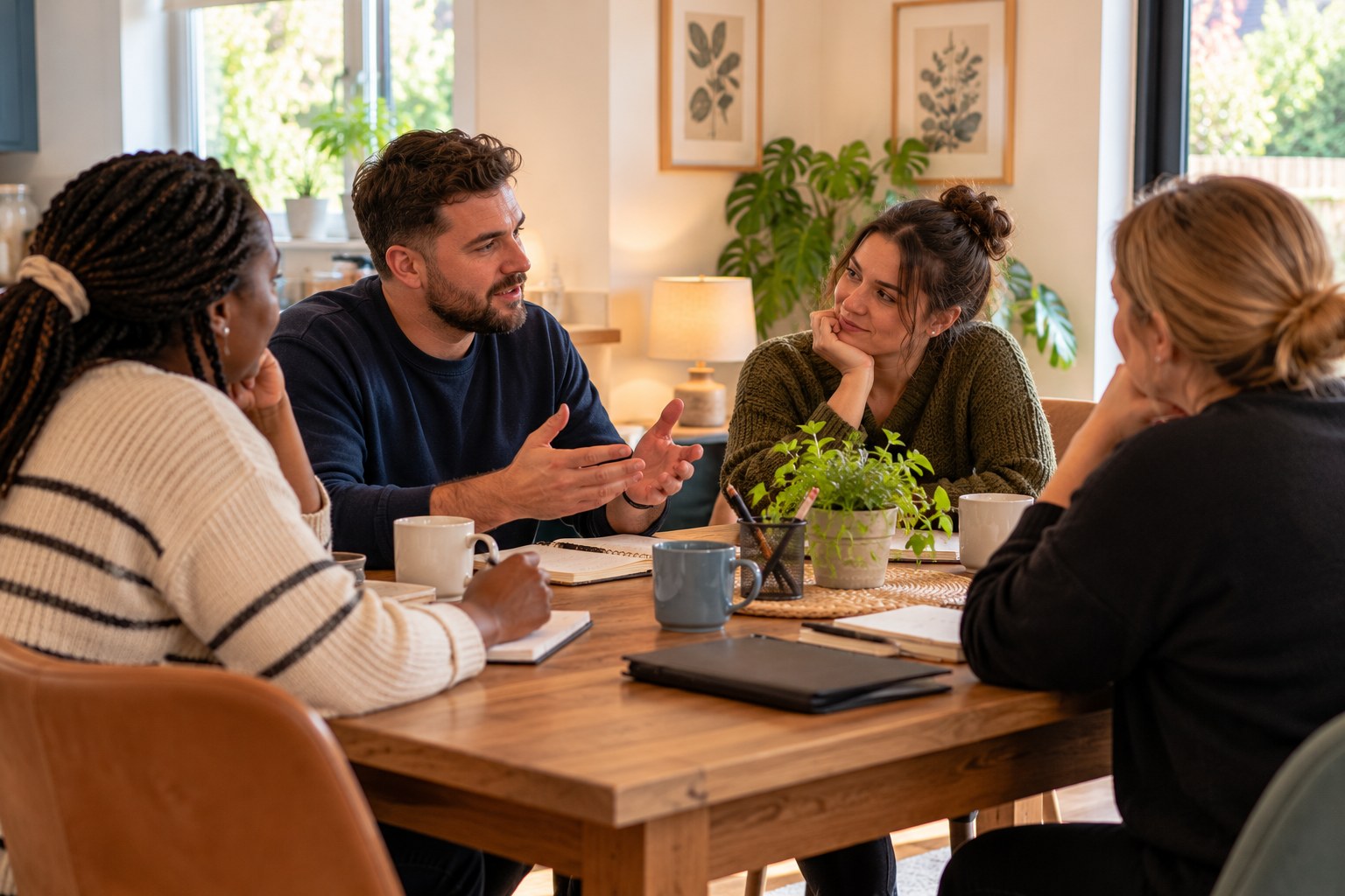 Four adults seated around a wooden table with mugs, notebooks and a small plant, in warm discussion